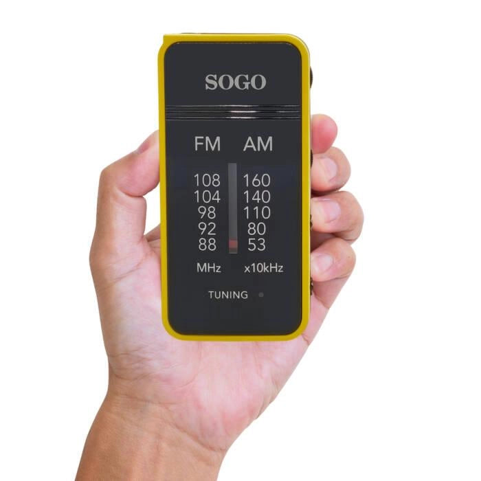 Radio portatile AM/FM da tasca, sintonizzazione analogica, auricolari inclusi, 50dB SNR, alimentazione 2 batterie AAA - SOGO