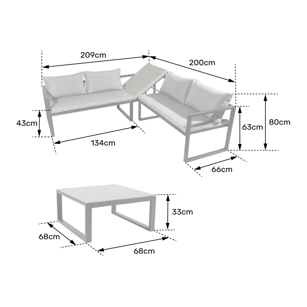 Set di mobili da giardino modulari IBIZA in tessuto grigio 4 posti - alluminio bianco