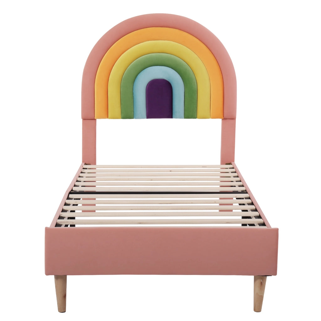 OKWISH Letto Singolo 90×200 cm, Letto per Ragazzi con Testiera Regolabile, Doghe in Legno e Testiera, senza Materasso, Velluto Rosa