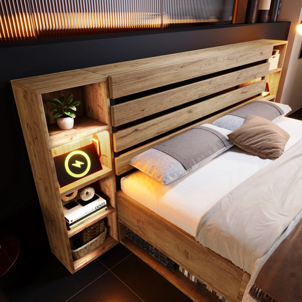 Letto in legno massello – 180x200 cm – LED USBC cassetti – rovere