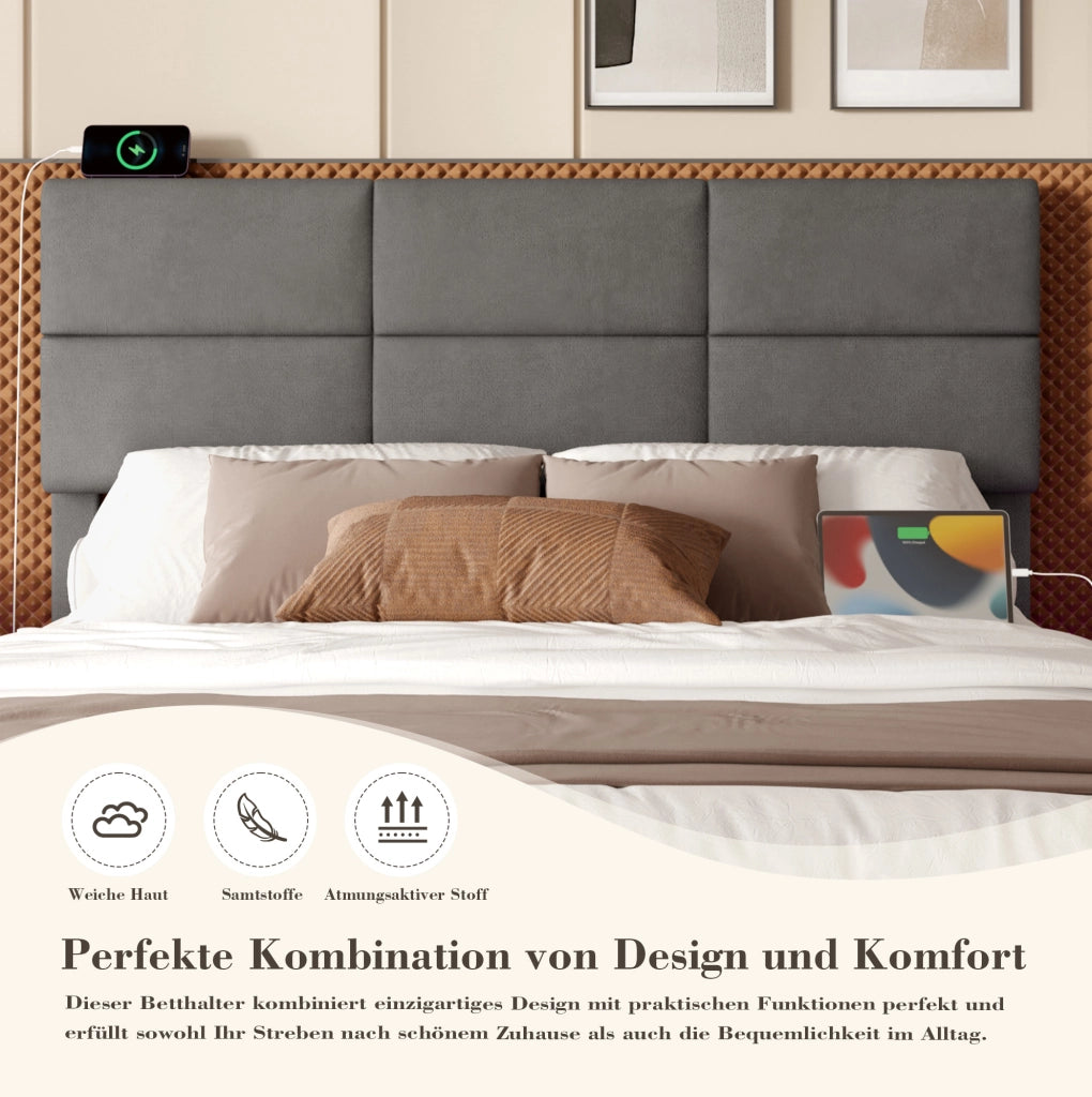 Letto matrimoniale 160x200 cm in velluto grigio con LED e USB