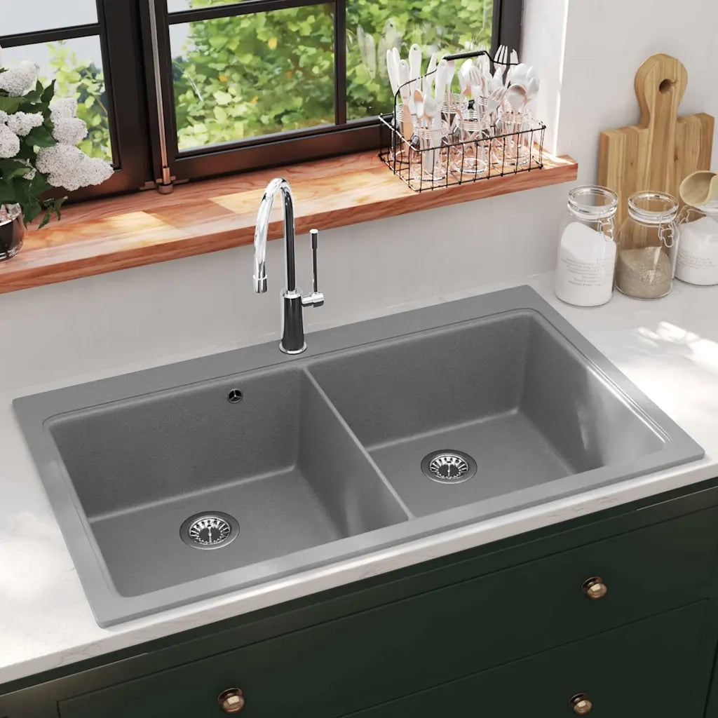 Lavandino Cucina-Lavabo-Lavello granito grigio lavello doppio con montaggio sopra