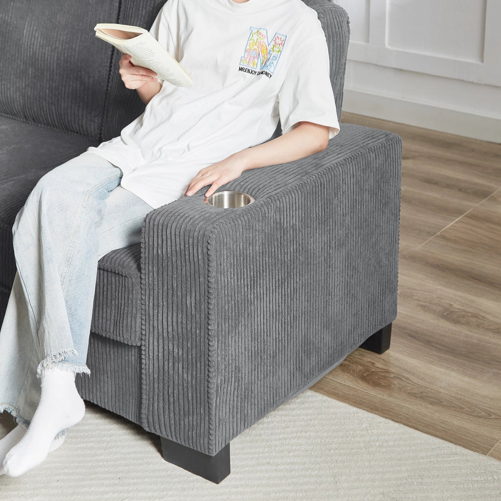 Divano a 3 posti in velluto a coste con portabicchieri e comfort ergonomico per soggiorno grigio 206 cm