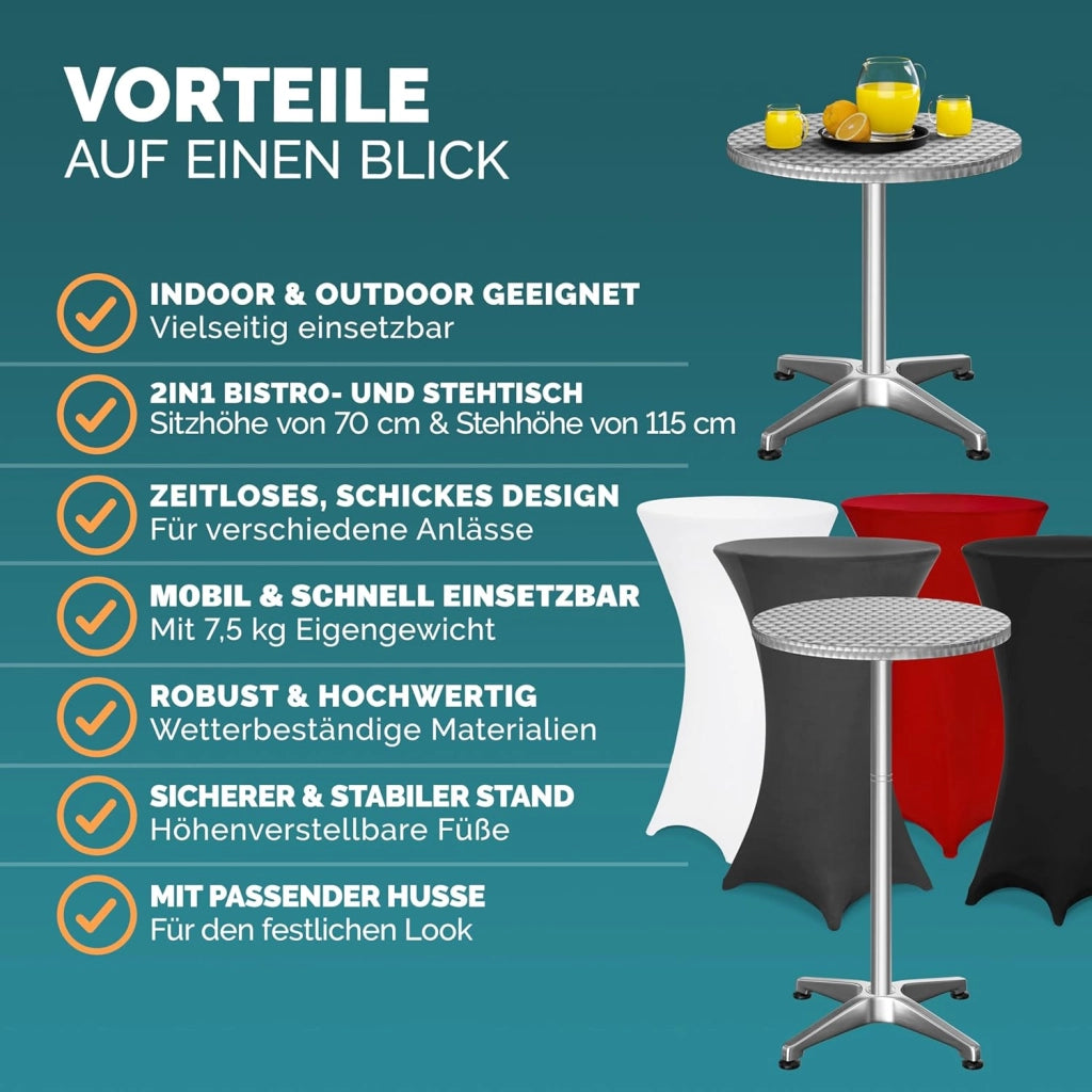 ® Tavolo Alto da Bar 2in1 con Copritavolo Regolabile 70 cm / 115 cm in Alluminio Rotondo Ø60cm Resistente per Giardino Bistro Tavoli da Birreria Feste Ricevimento