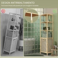Colonna Bagno con 3 Ripiani in Legno di Bambù e Cesto Portabiancheria in Tessuto, 44x33x160cm