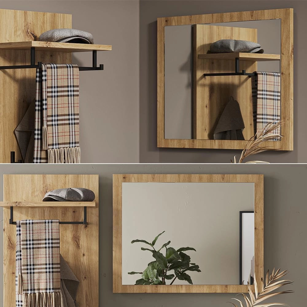 Specchio da parete Selena, Rovere artigianale, 70 x 55 cm, adatto al montaggio a parete per un'installazione salvaspazio