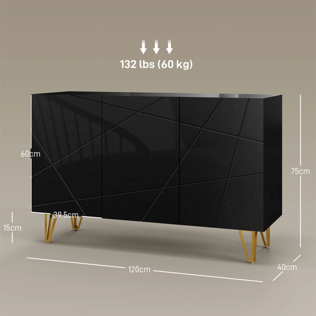 Mobile Contenitore con 2 Armadietti e Ripiano Regolabile, in Truciolato e Metallo, 120x40x75 cm, Nero e Oro