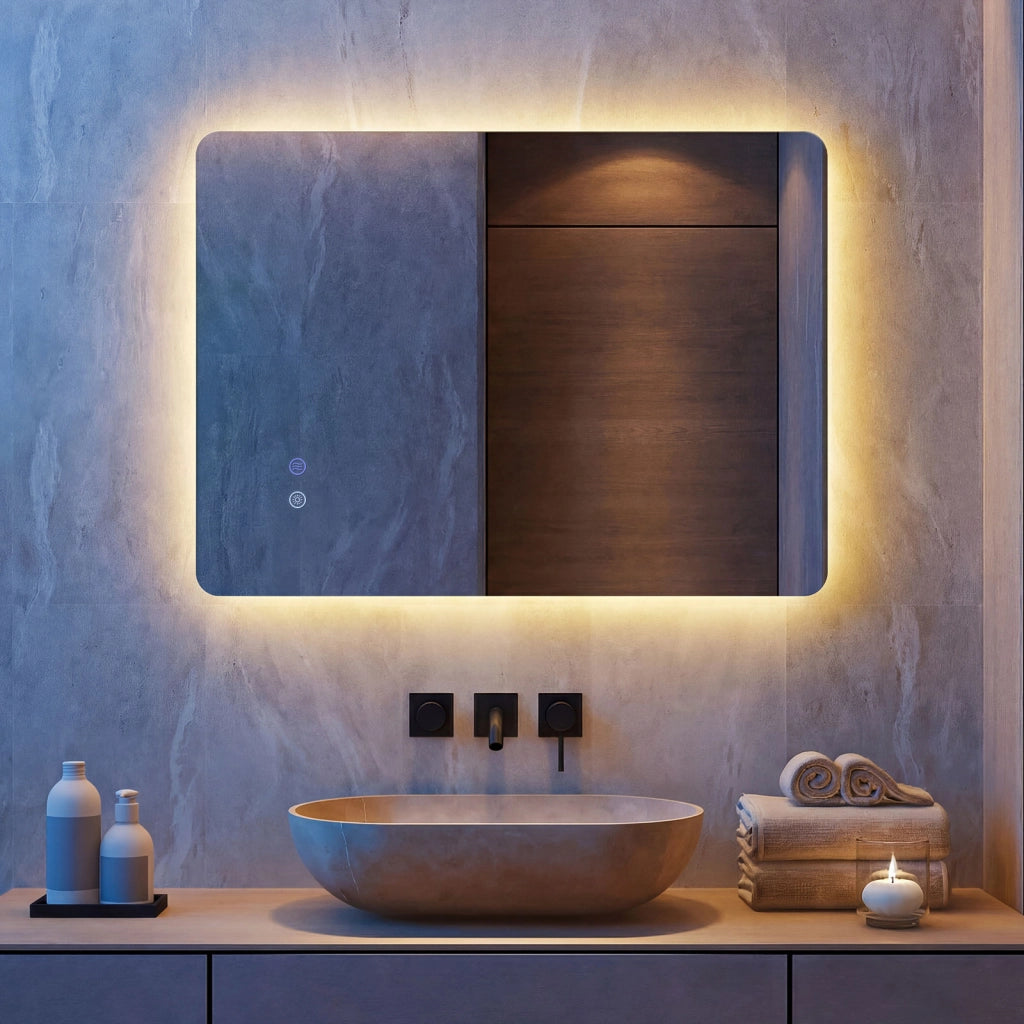 Specchio led bagno rettangolare parete retroilluminato luminosit¨¤ regolabile touch, Specchio vetro temperato memoria anti-appannamento 70 x 50 cm