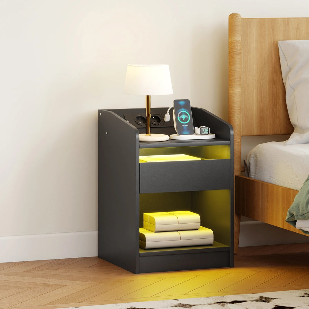 Comodino con Luci LED RGB e Cassetto ¨C Zephmum ¨C 40x40x58 Cm Nero