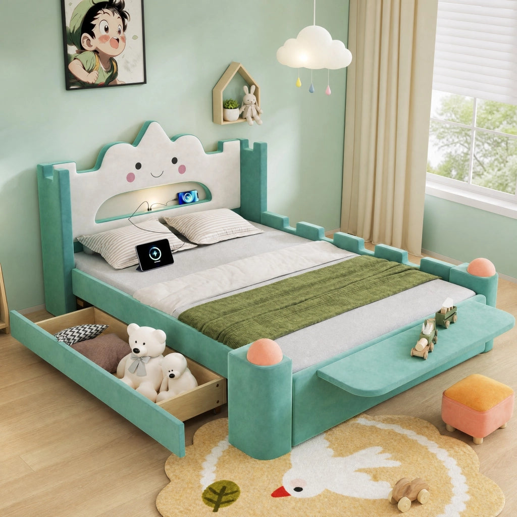 Letto imbottito per bambini a nuvola 140x200 cm blu-verde