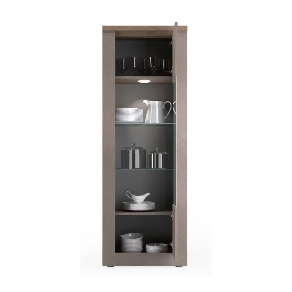Vetrina SASHA – 1 porta con ripiani in legno e vetro – Bronzo e piano in legno Mercurio