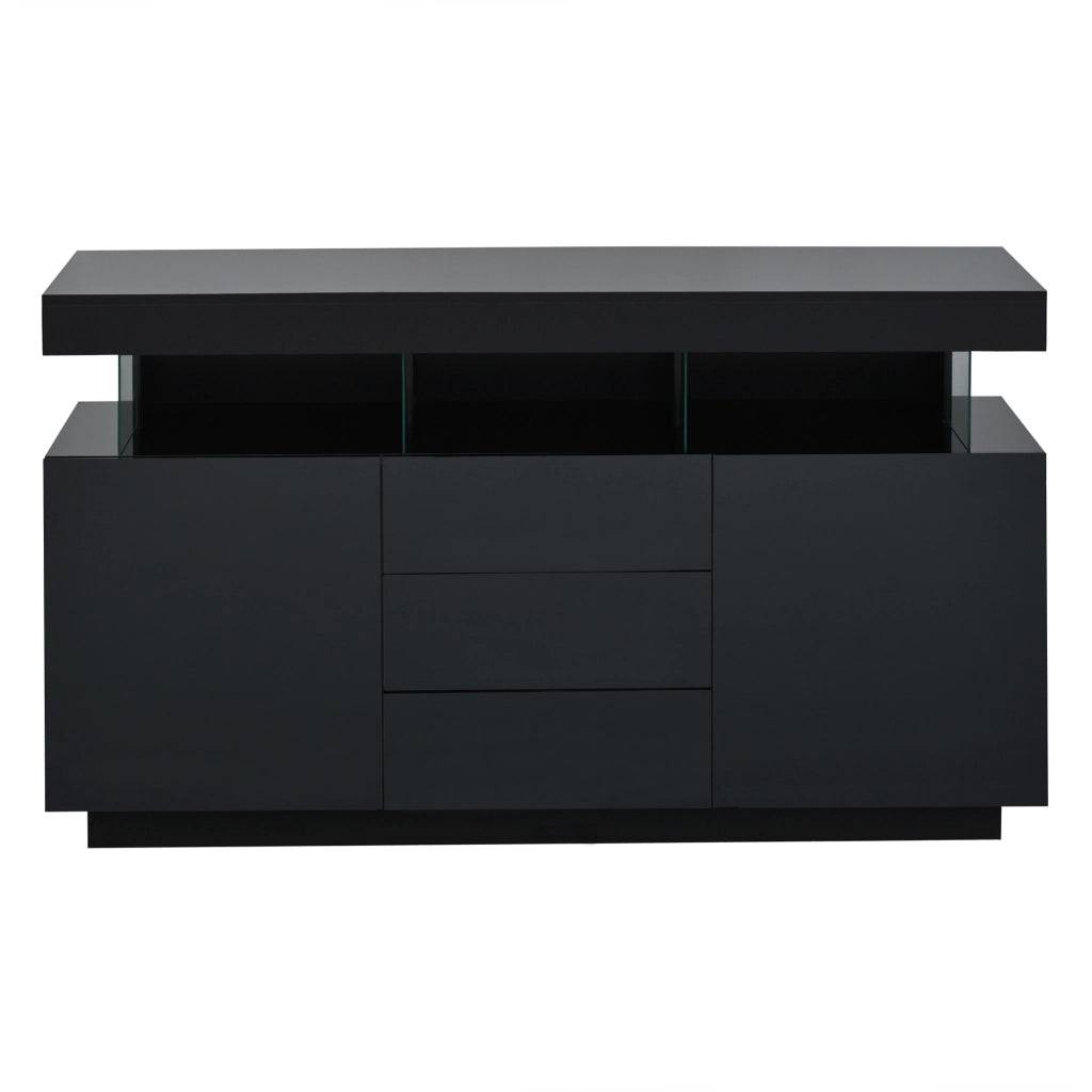 Sideboard moderno lucido nero 140 x 35 x 80 cm con LED, 3 cassetti e 2 vani contenitori