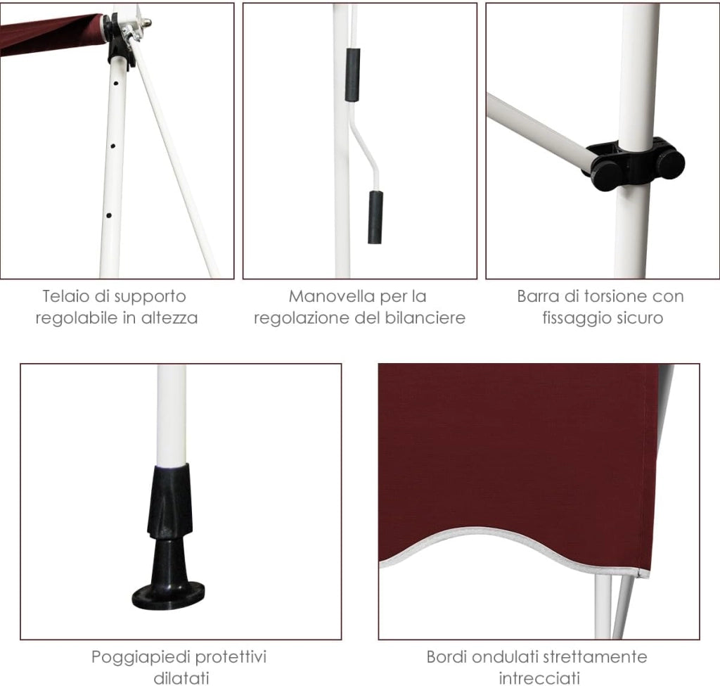 Tenda da Sole per Esterno, Tenda da Sole a Morsetto per Balcone con Struttura Telescopica e Tessuto Resistene ai Raggi Solari, Regolabile in Altezza e in Angolazione (200 cm,Rosso)