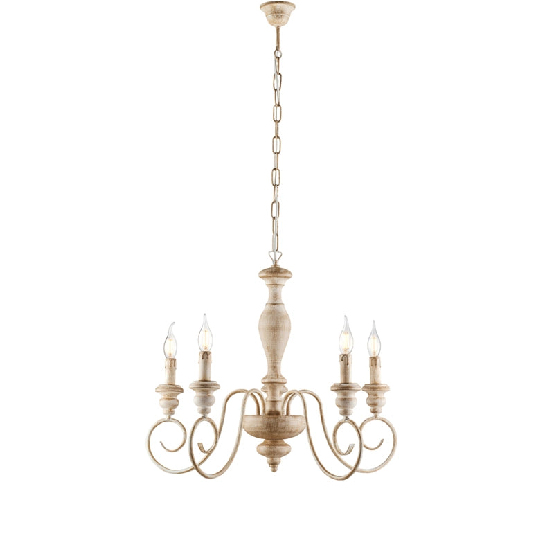 Cascina Lampadario in legno e ferro bianco e tortora 5 luci 115 Ø60 BL265-5-BT