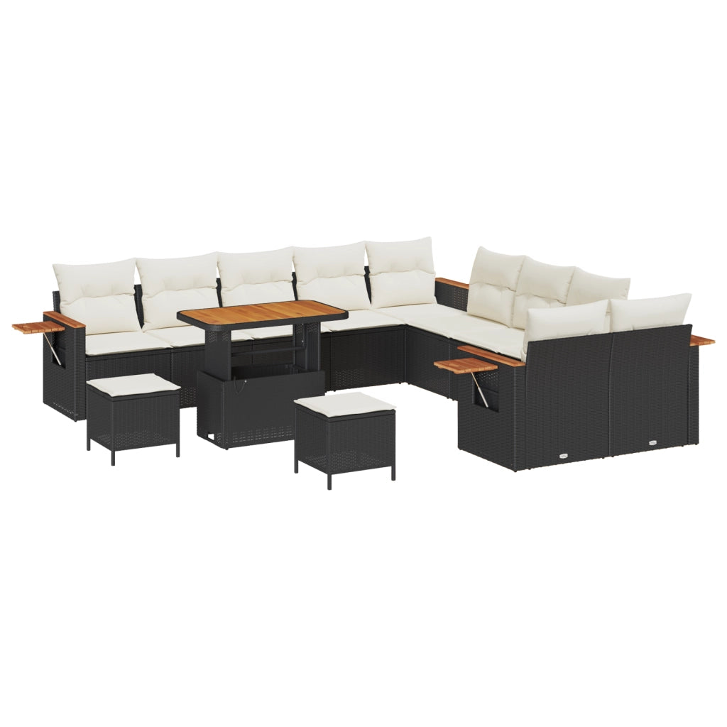 Set di Divani da Giardino 13 Pezzi con Cuscini Nero Polirattan Acacia