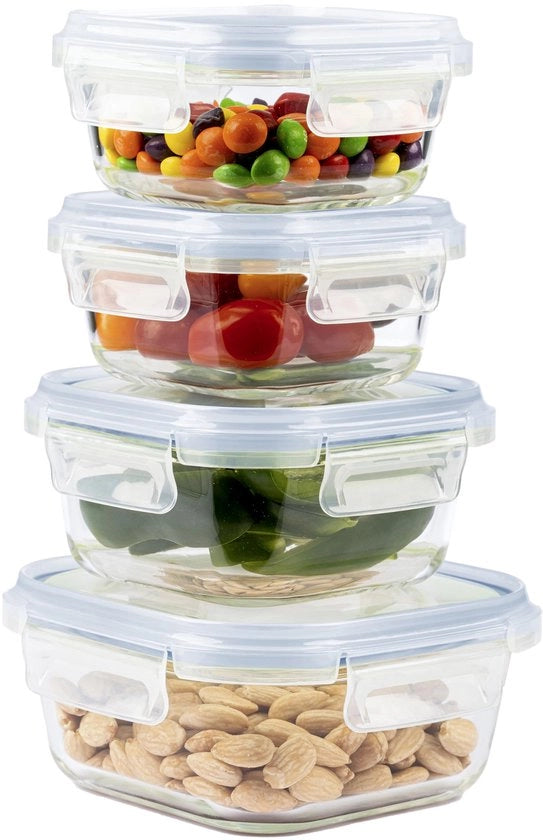 Contenitori per alimenti con coperchi - Contenitori ariostatici per alimenti, vassoio con insieme di coperchi, adatto per microonde e congelatore | Box da pasto in vetro (4 contenitori quadrati, blu)