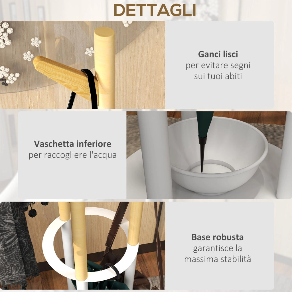 Appendiabiti da Terra con Portaombrelli e 12 Ganci Metallo Bianco e Bamb¨´