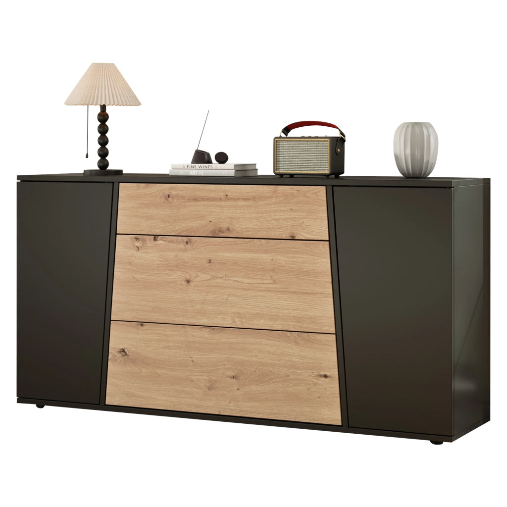 Credenza con 2 ante e 3 cassetti 140x35x70 cm in MDF; nero e effetto legno naturale