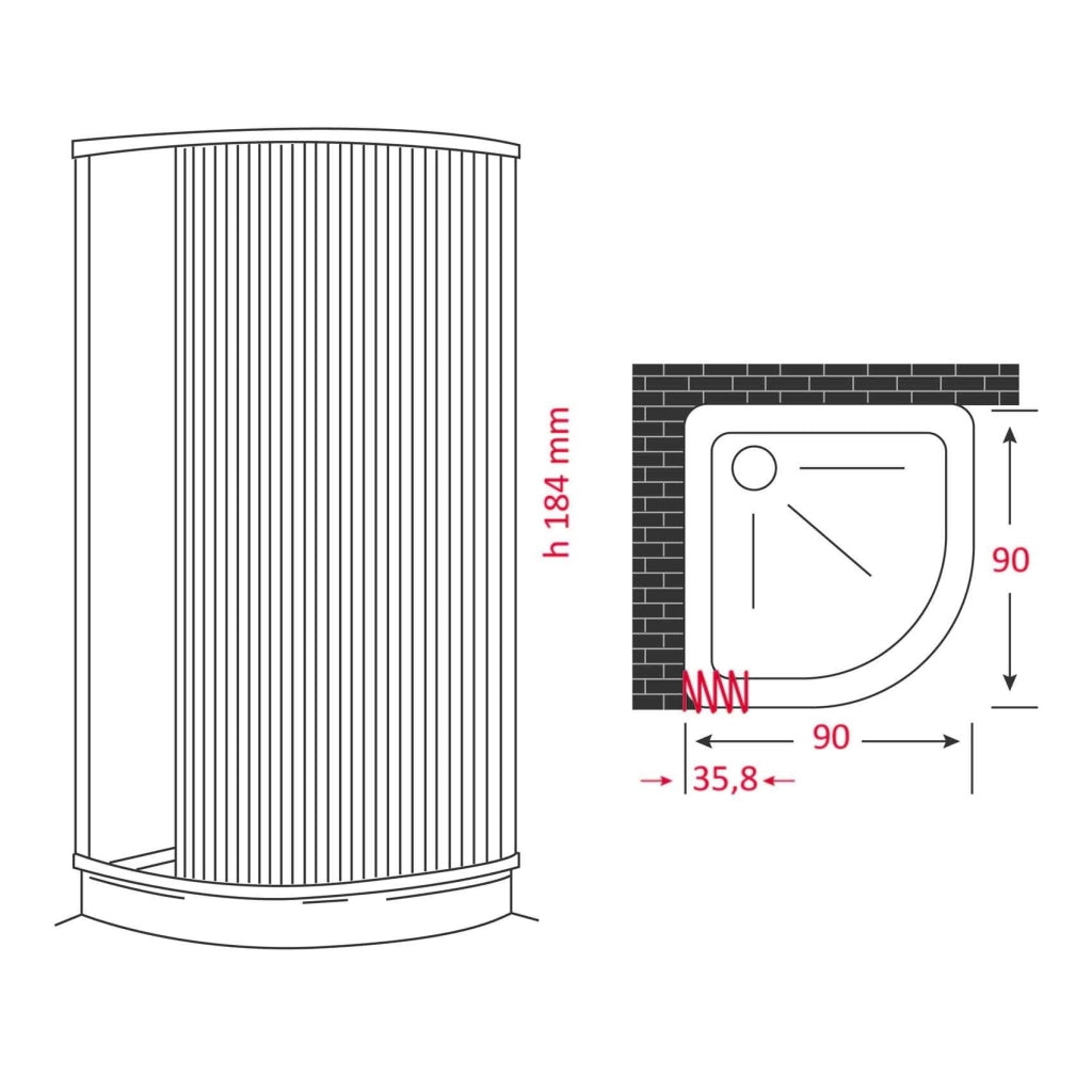 Box Doccia a soffietto semicircolare cm 90 x 90 - H.184 - con apertura RIDUCIBILE e REVERSIBILE - CR