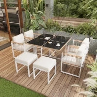 Set da pranzo da esterno a 7 pezzi con tavolo in vetro temperato, intreccio in rattan, cuscini, per 6 persone, Nero e Bianco