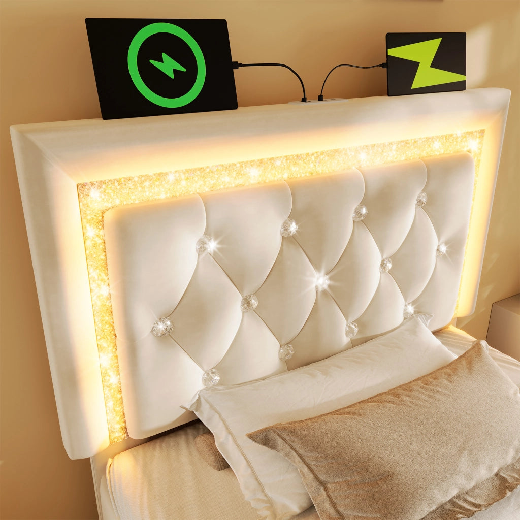 Letto singolo imbottito 90x200 cm in velluto con LED, USB Type-C e contenitore idraulico, beige