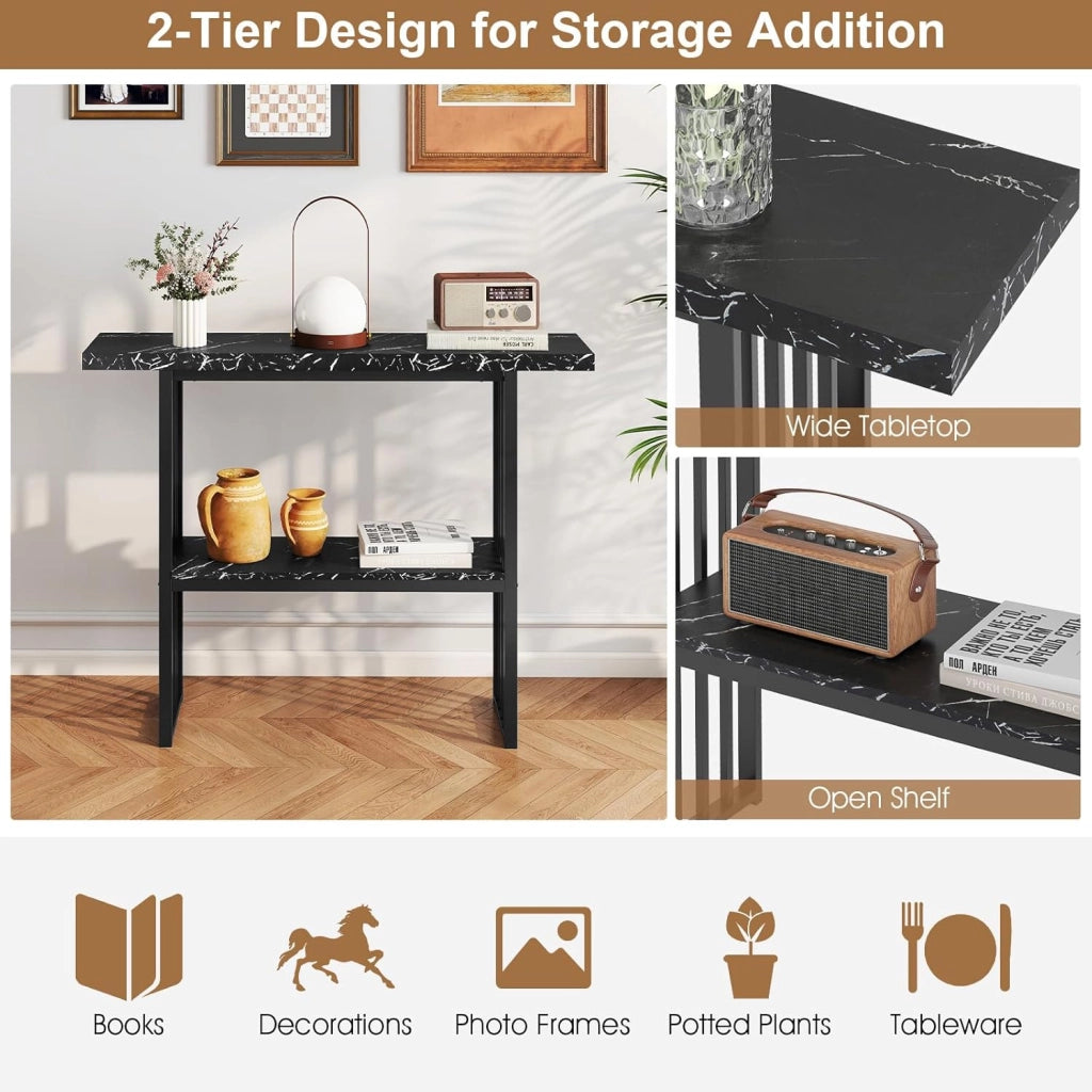 Tavolo Console da ingresso, 120 x 29,5 x 92,5 cm, piano in finto marmo e telaio in metallo, tavolino ausiliario con 2 ripiani, risparmio di spazio, tavolo da soggiorno, corridoio (nero)
