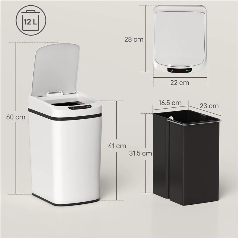 CESTINO RIFIUTI DA 12L A INFRAROSSI CON SECCHIO RIMOVIBILE, IN ACCIAIO INOX, ABS E PP, 28X22X41 CM, BIANCO