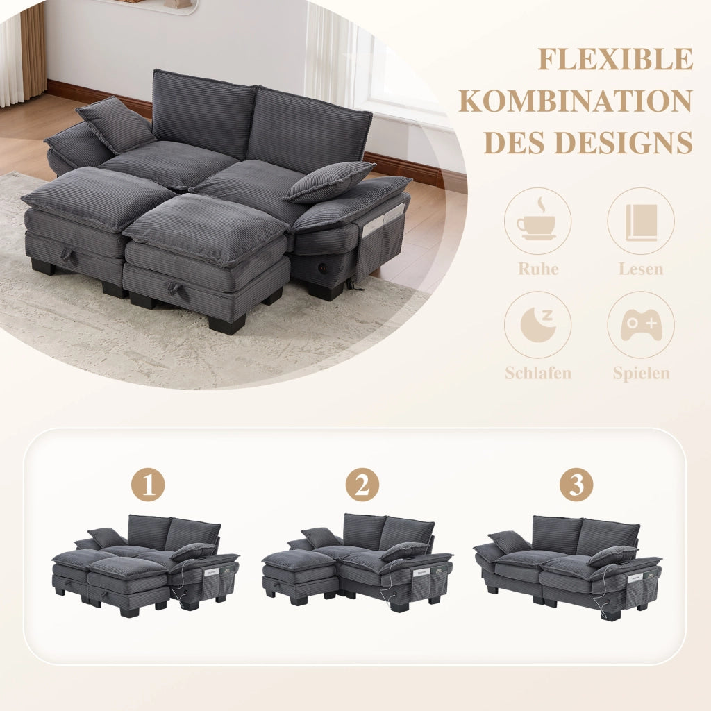 Divano modulare 2 posti in tessuto corduroy con ricarica USB-C tasche laterali e pouf ergonomico grigio scuro