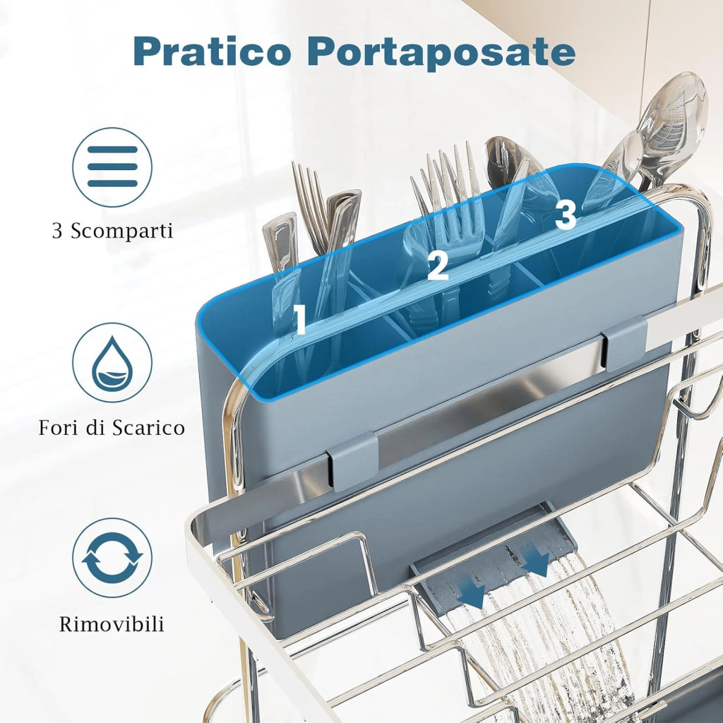 Scolapiatti da Appoggio a 2 Livelli, in Acciaio Inox con Porta Bicchieri, Piatti, Ciotole, Tazze, Posate e Vassoio Raccogligocce, Scolapiatti da Lavello con Ugello Estensibile Girevole a 360°