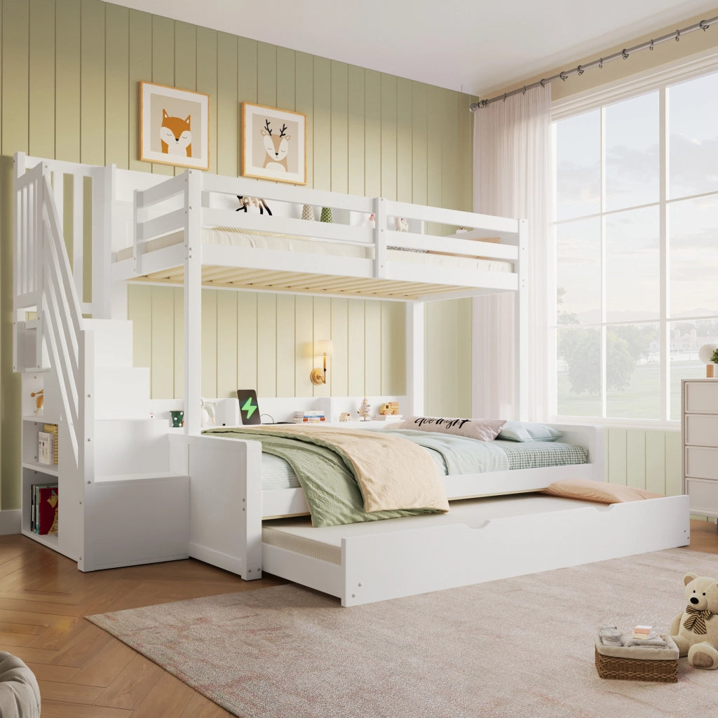 Letto a castello 90×200 cm e 140×200 cm 4 posti, estraibile 90×190 cm, USB e scale contenitore, senza materassi
