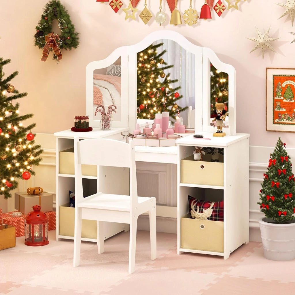 Toeletta Trucco 2 in 1 per Bambina, Specchiera Staccabile per Ragazza in Legno Robusto con 4 Cassetti in Tessuto, Sgabello e Specchio, Postazione Trucco per 3 Anni, 104 x 40 x 117 cm (Bianco)