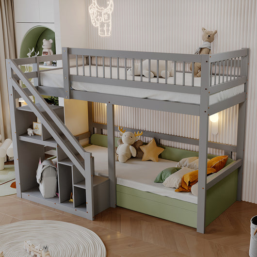Lit superposato per bambini - Xylo - 90x200 cm - Legno massiccio - Grigio - Scala e armadio di stoccaggio