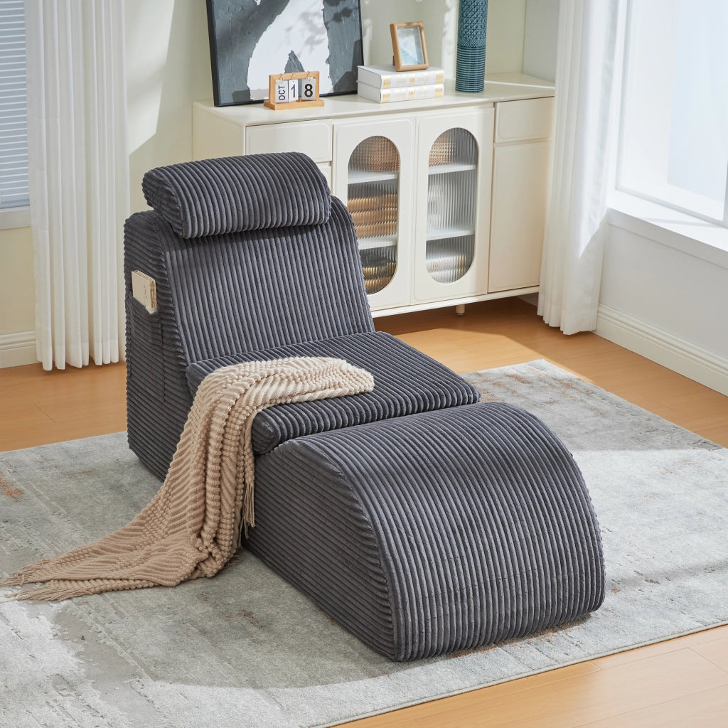 Poltrona relax ergonomica con tasca laterale e cuscino rimovibile design compatto in velluto a coste grigio scuro