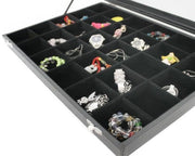 Vetrina per gioielli con vetrata, display per gioielli con coperchio in vetro, nero (30 cassette)