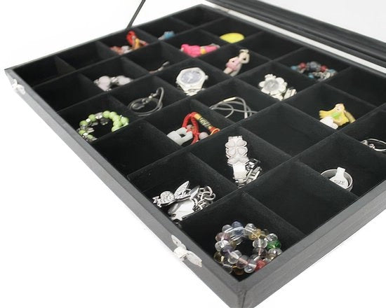Vetrina per gioielli con vetrata, display per gioielli con coperchio in vetro, nero (30 cassette)