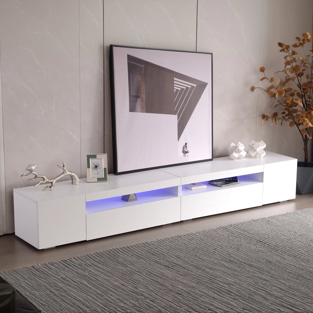 Mobile TV moderno bianco 240 cm con illuminazione LED variabile, struttura in MDF e design simmetrico