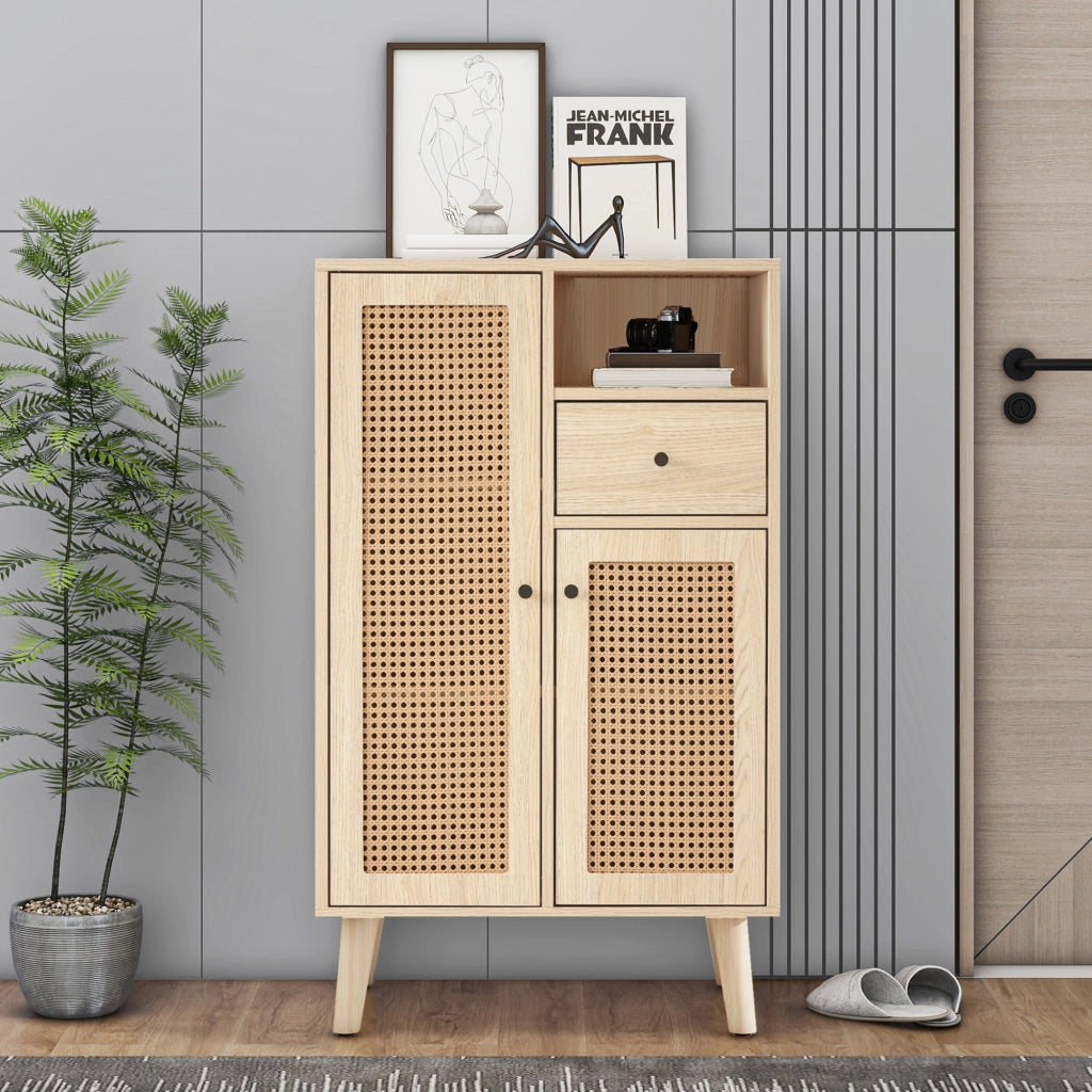 Credenza in effetto legno rovere con 2 ante in rattan e 1 cassetto, 60 x 40 x 101 cm