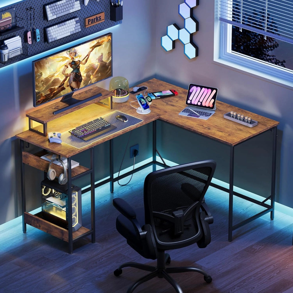 Scrivania da gaming angolare regolabile ¨C Zephmum ¨C Vintage marrone 140x118 cm