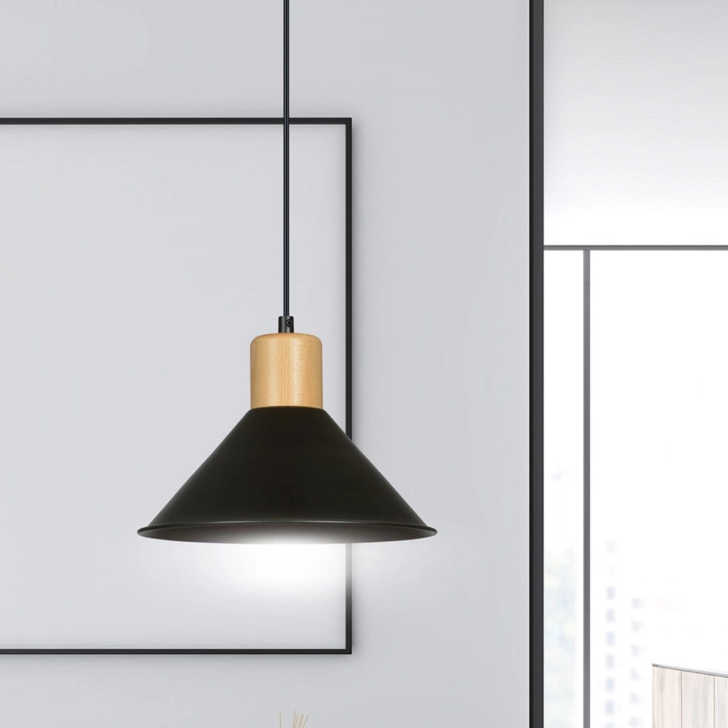 Lampada a sospensione ROWEN in acciaio nero e legno