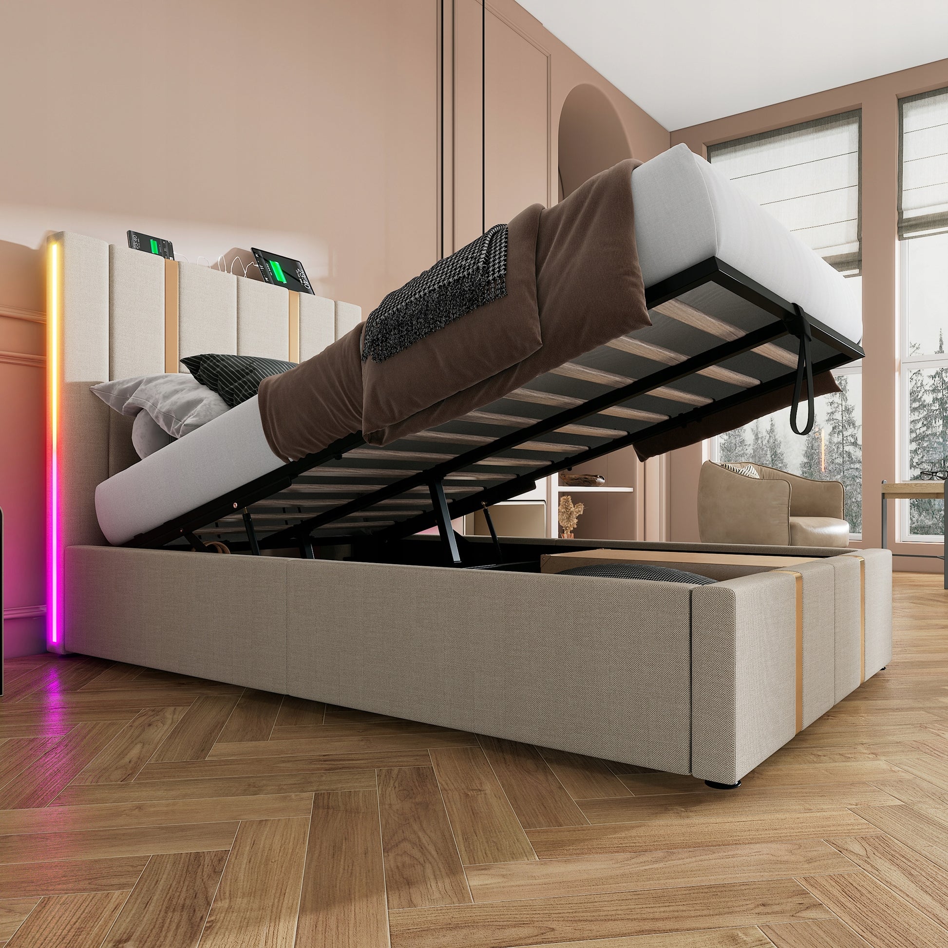 Letto imbottito 90x200 - Xylo - Beige con USB-C e LED