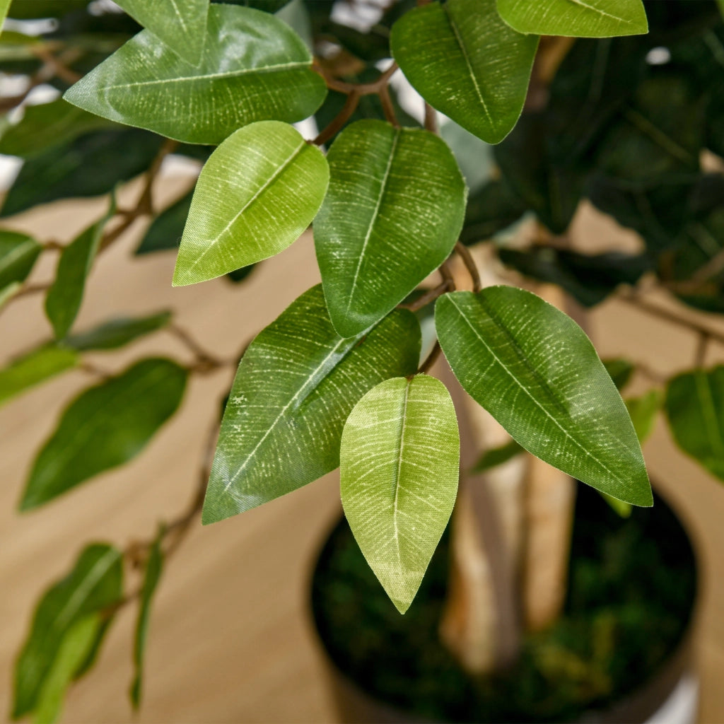 Ficus artificiale 150 cm con 1008 foglie, vaso nero e base in cemento per interni ed esterni
