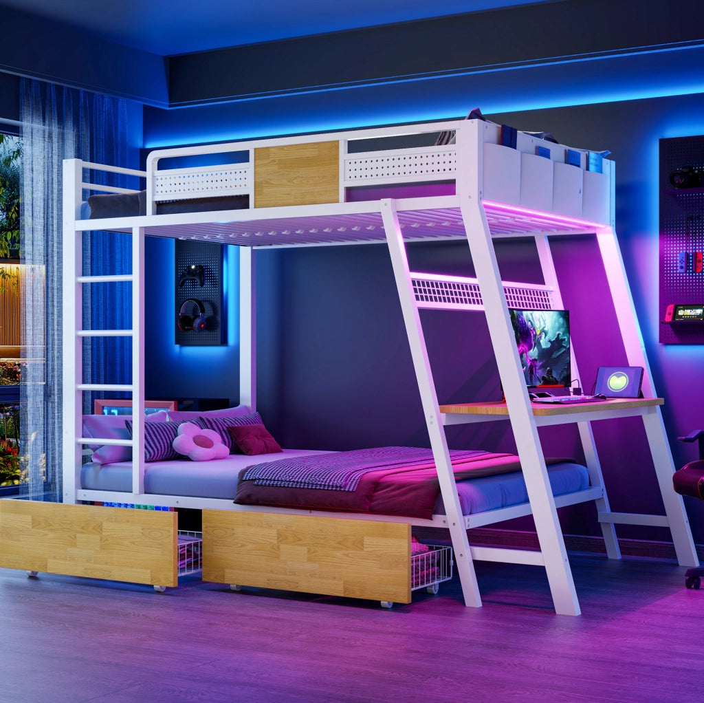 Letto a castello in metallo 90 x 200 cm bianco con scrivania e LED