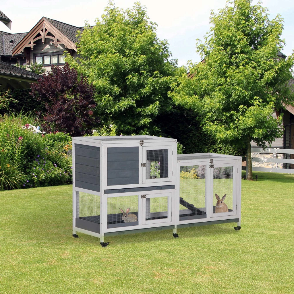 Casetta per conigli 2 piani con ruote ¨C zephmum ¨C 147x45.5x88.5 cm grigio e bianco