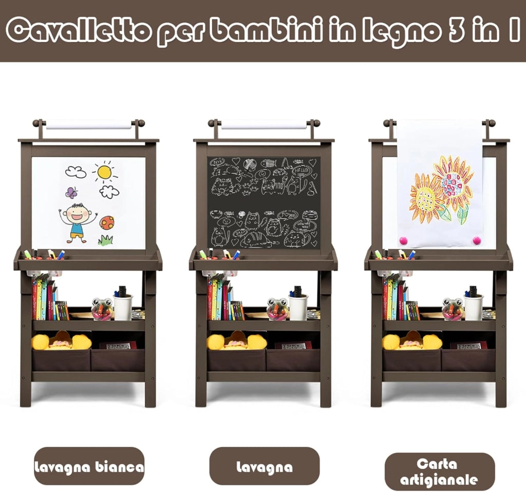 3 in 1 Cavalletto per Bambini con Doppia Faccia, Cavalletto per Disegno con 2 Vassoi e 2 Scatole, Lavagna Bambini in Legno (Caffè)