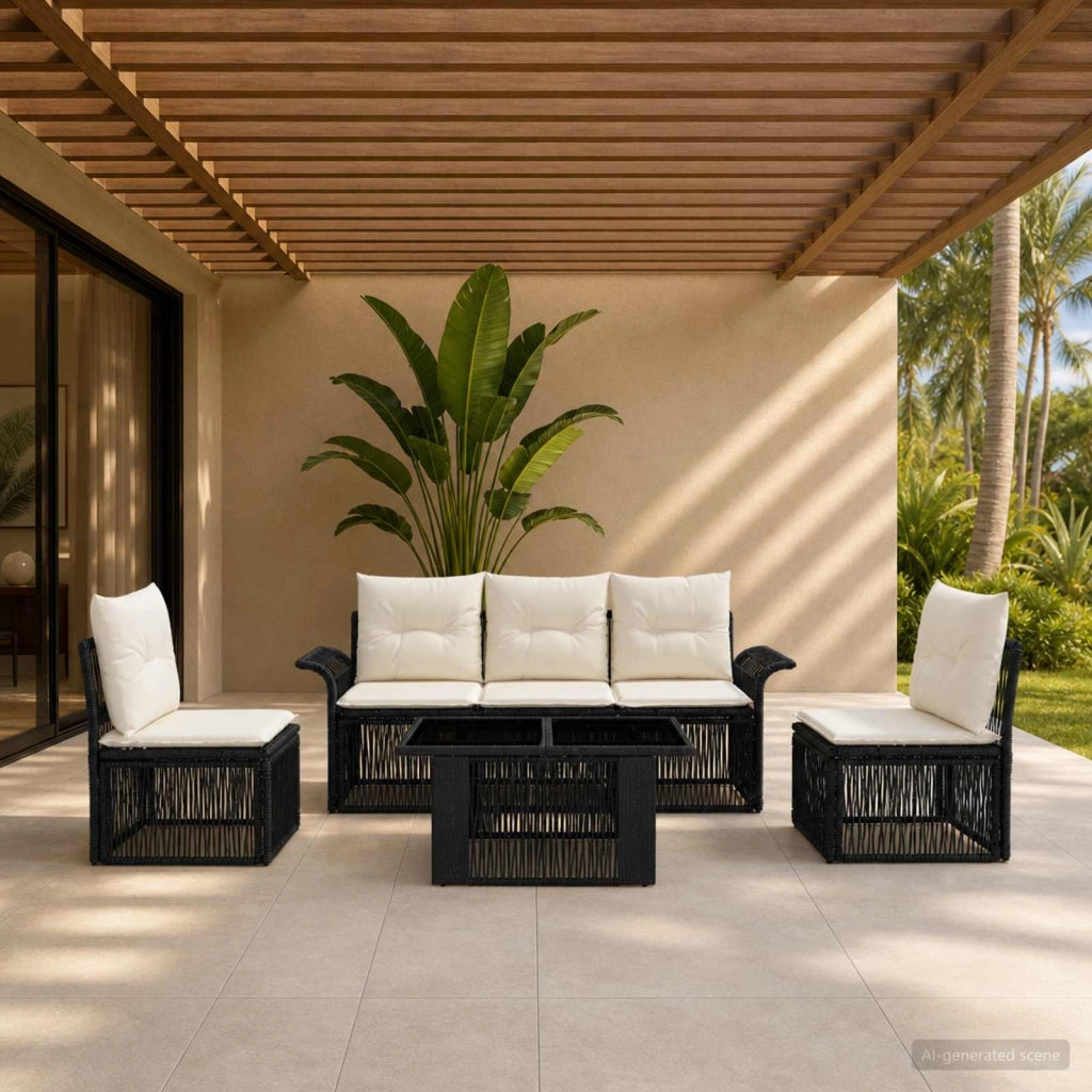 Set Divano da Giardino 6 pz Nero e Bianco Crema polyrattan 3436615