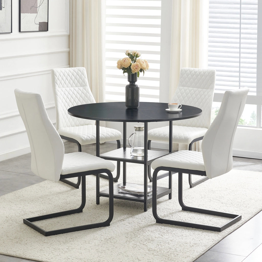 Set tavolo da pranzo e sedie con 1 tavolo rotondo e 4 sedie; 2 ripiani portaoggetti; in MDF metallo e PU bianco nero