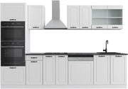Cucina componibile R-Line, Bianco casa di campagna, 300 cm con armadio alto, senza piano di lavoro, con moduli disposti in modo variabile e piedini regolabili in altezza