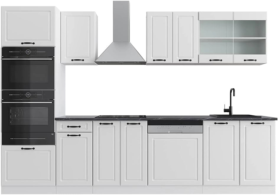Cucina componibile R-Line, Bianco casa di campagna, 300 cm con armadio alto, senza piano di lavoro, con moduli disposti in modo variabile e piedini regolabili in altezza