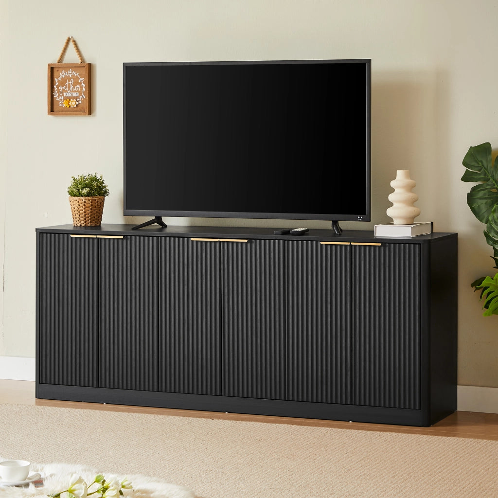 Credenza e madia con 6 ante, design ondulato, per soggiorno e cucina, in MDF, nero, 170 × 40 × 70.5 cm