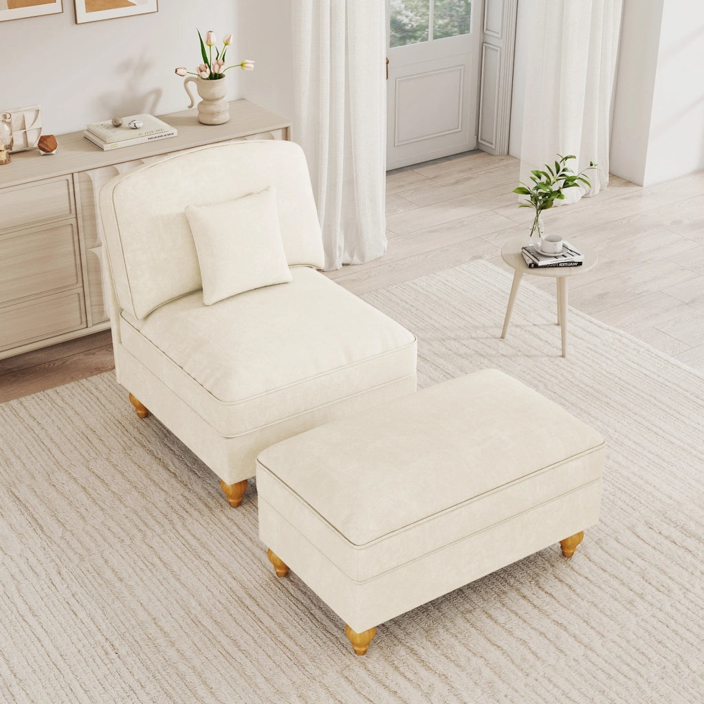 Divano modulare con poggiapiedi e gonna removibile in chenille bianco